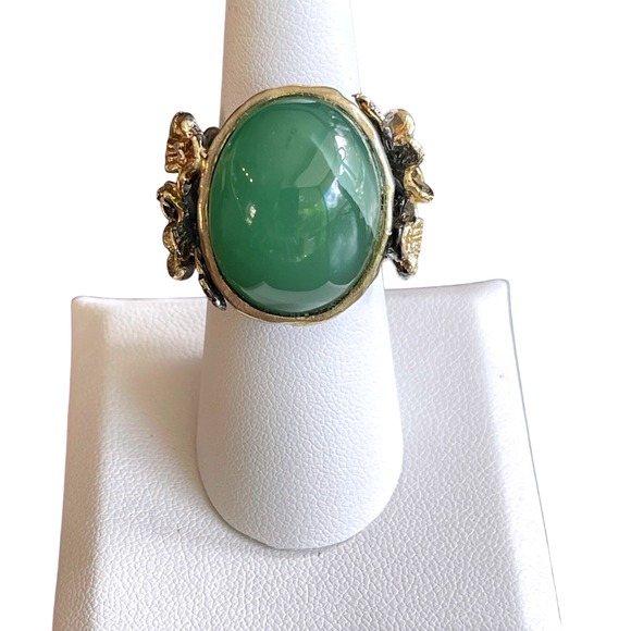 Sterling Silver 925 Green Jade Chrysoprase Cabochon Ring Floral Branch Sz 7 - Picture 1 of 7